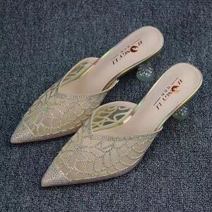Women's Beige Crystal Embellished Mules